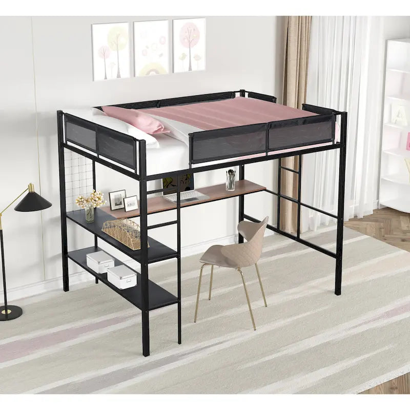 Lit mezzanine en métal de grande taille avec bureau et étagères, cadre de lit en métal robuste