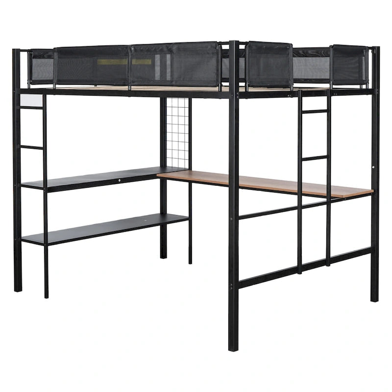 Lit mezzanine en métal de grande taille avec bureau et étagères, cadre de lit en métal robuste