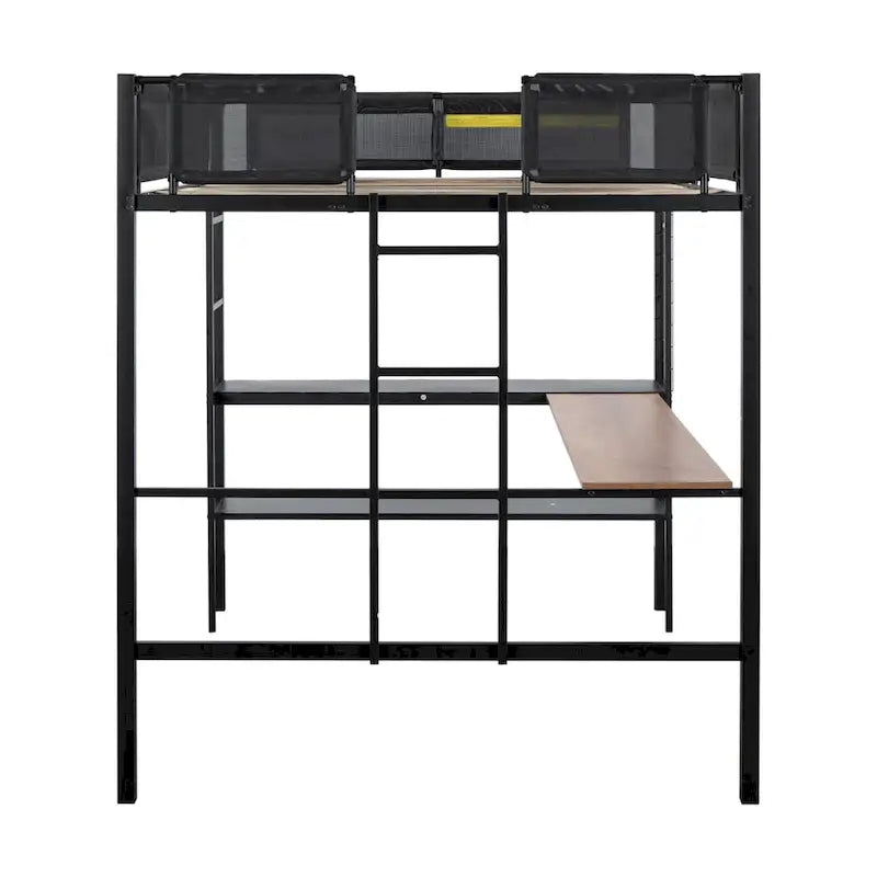 Lit mezzanine en métal de grande taille avec bureau et étagères, cadre de lit en métal robuste
