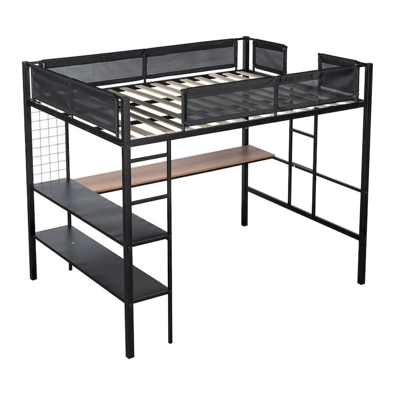 Lit mezzanine en métal de grande taille avec bureau et étagères, cadre de lit en métal robuste