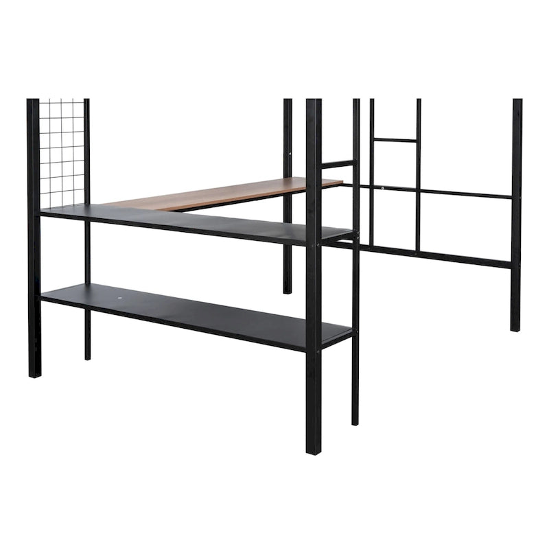 Lit mezzanine en métal de grande taille avec bureau et étagères, cadre de lit en métal robuste