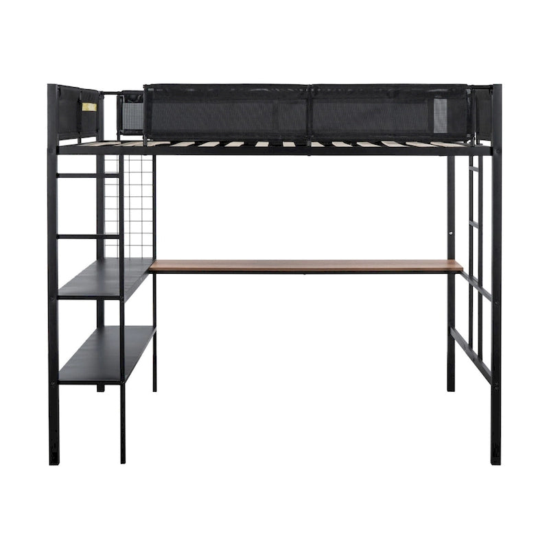 Lit mezzanine en métal de grande taille avec bureau et étagères, cadre de lit en métal robuste