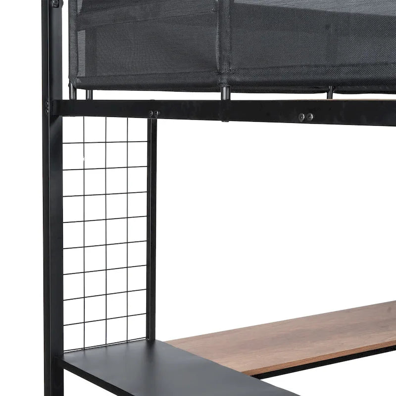 Lit mezzanine en métal de grande taille avec bureau et étagères, cadre de lit en métal robuste