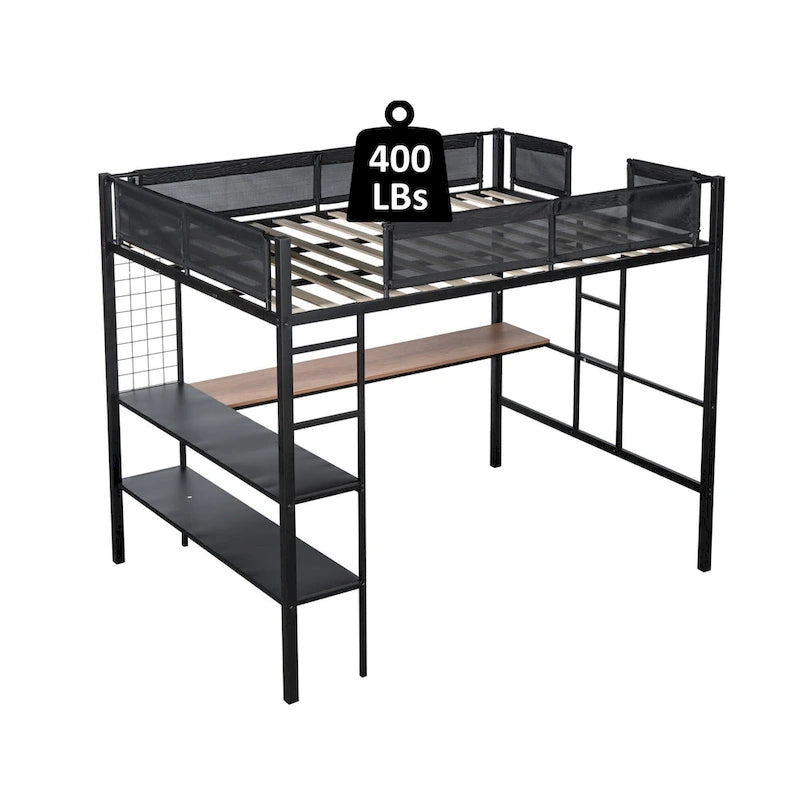 Lit mezzanine en métal de grande taille avec bureau et étagères, cadre de lit en métal robuste