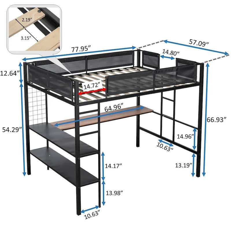 Lit mezzanine en métal de grande taille avec bureau et étagères, cadre de lit en métal robuste