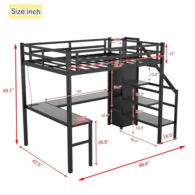 Lit mezzanine double XL avec bureau en L et port USB