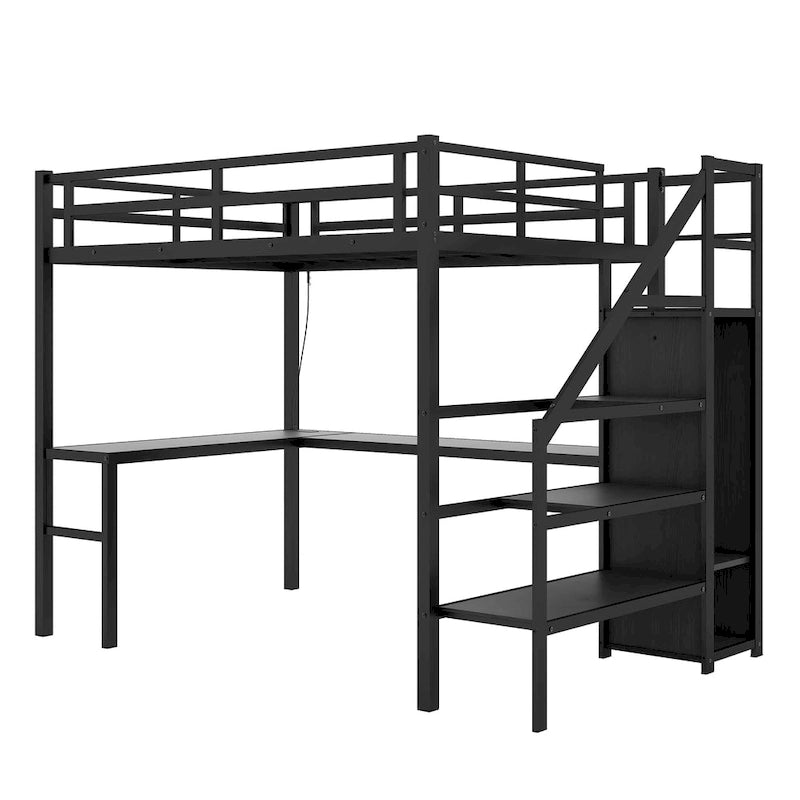 Lit mezzanine double XL avec bureau en L et port USB