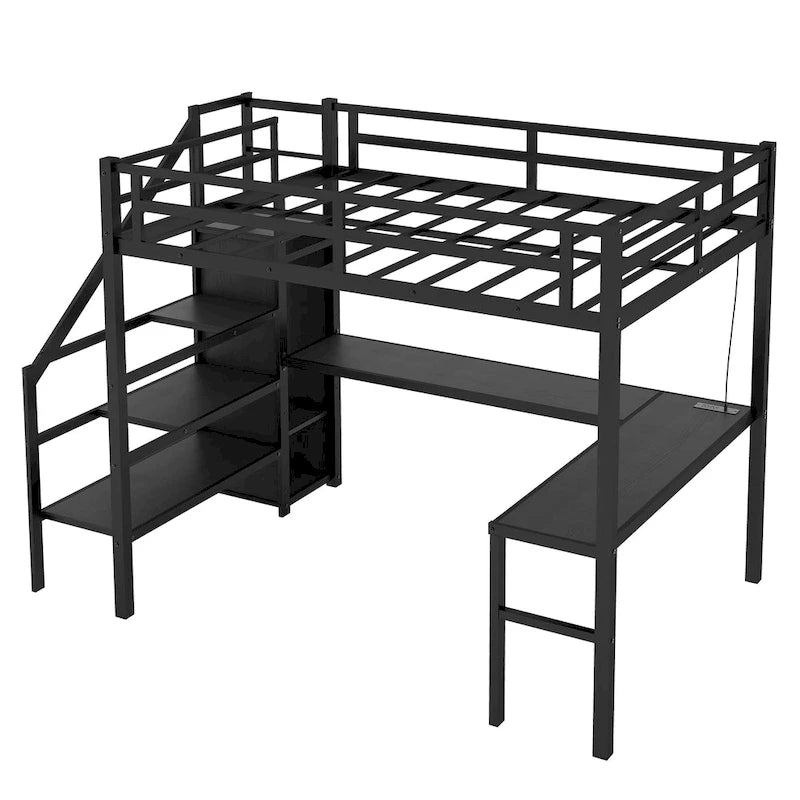 Lit mezzanine double XL avec bureau en L et port USB