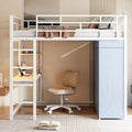 Lit mezzanine double en métal avec bureau, étagères, prise de courant, éclairage LED et armoire