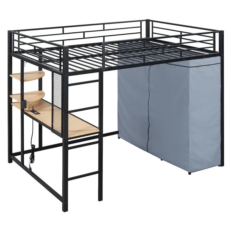 Full Size Loft Metal Bed with Desk, Shelves, Power Outlet, LED Light and Wardrobe