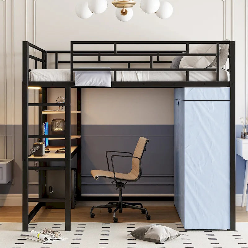 Lit mezzanine double en métal avec bureau, étagères, prise de courant, éclairage LED et armoire