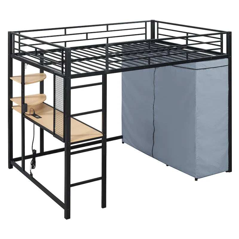 Full Size Loft Metal Bed with Desk, Shelves, Power Outlet, LED Light and Wardrobe