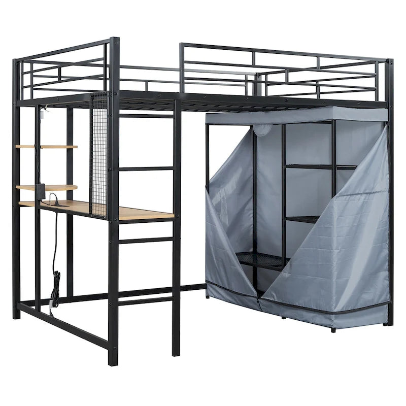 Full Size Loft Metal Bed with Desk, Shelves, Power Outlet, LED Light and Wardrobe
