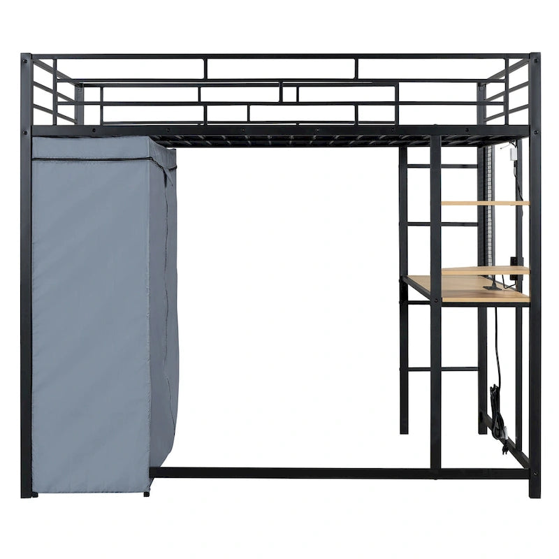 Lit mezzanine double en métal avec bureau, étagères, prise de courant, éclairage LED et armoire