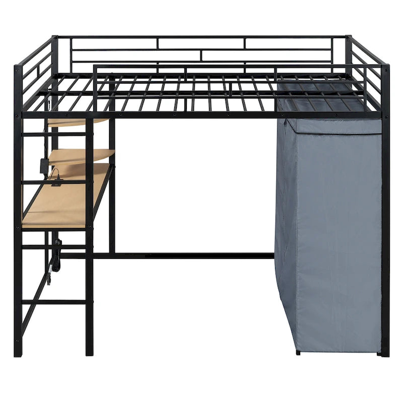 Lit mezzanine double en métal avec bureau, étagères, prise de courant, éclairage LED et armoire