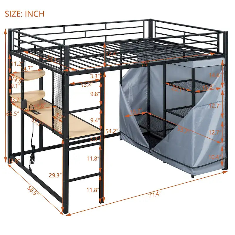 Lit mezzanine double en métal avec bureau, étagères, prise de courant, éclairage LED et armoire