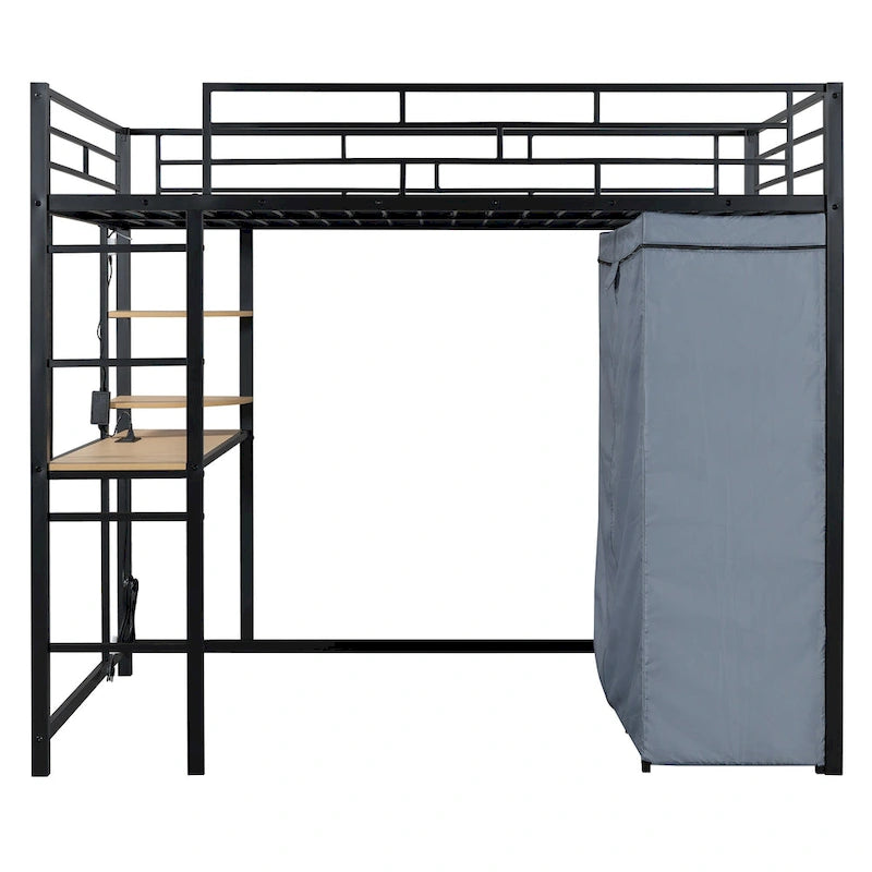 Lit mezzanine double en métal avec bureau, étagères, prise de courant, éclairage LED et armoire