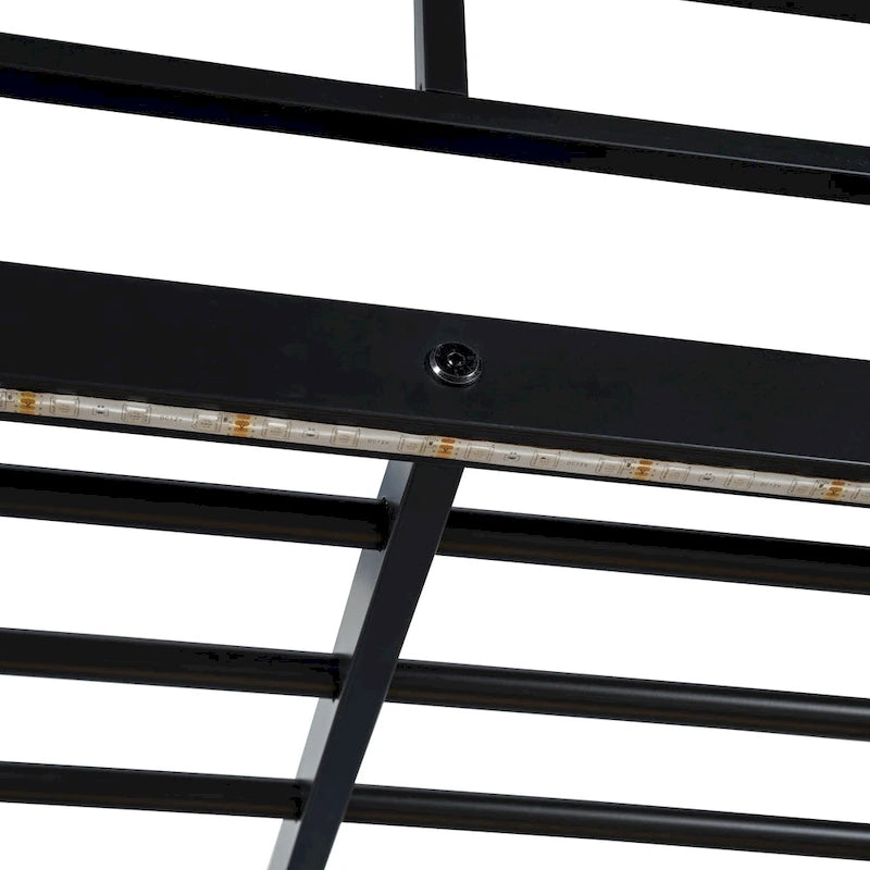 Lit mezzanine double en métal avec bureau, étagères, prise de courant, éclairage LED et armoire