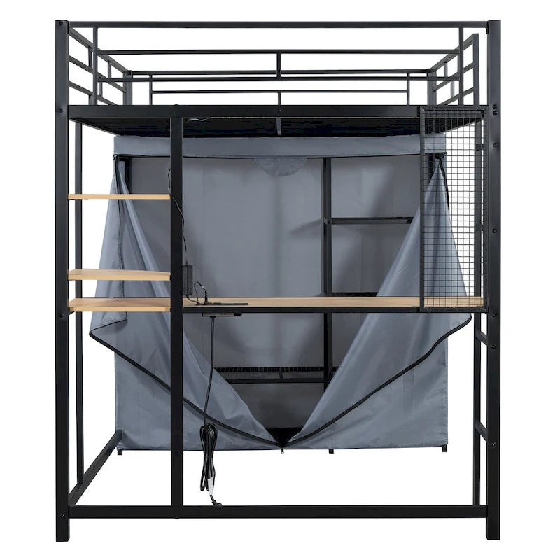 Lit mezzanine double en métal avec bureau, étagères, prise de courant, éclairage LED et armoire