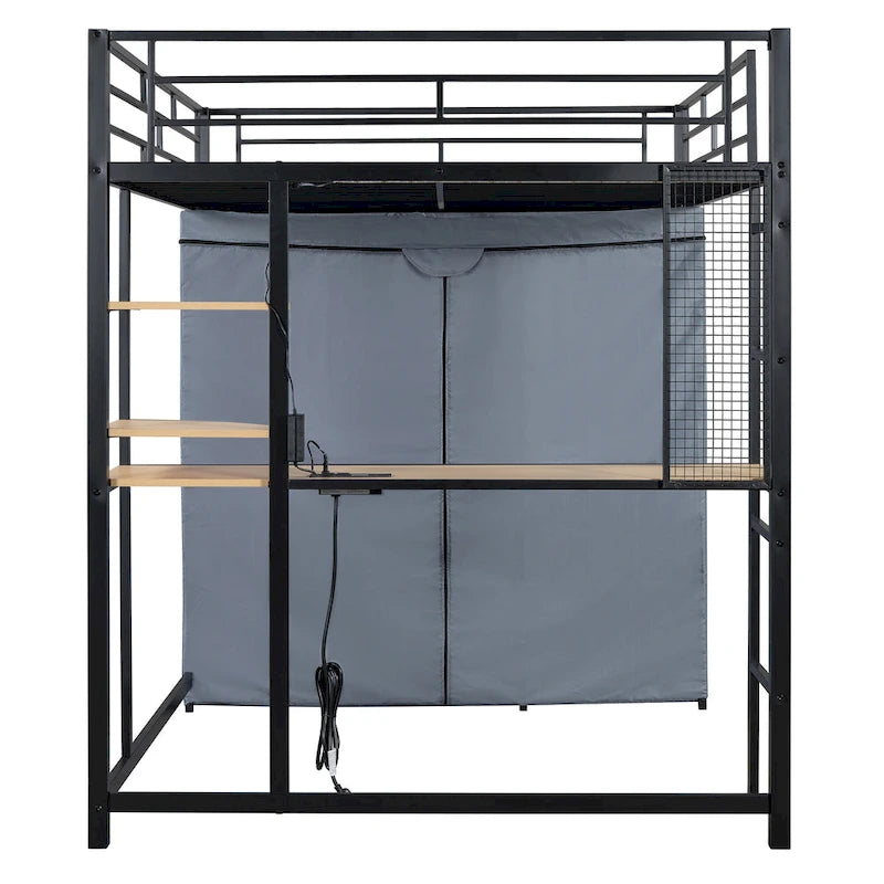 Lit mezzanine double en métal avec bureau, étagères, prise de courant, éclairage LED et armoire