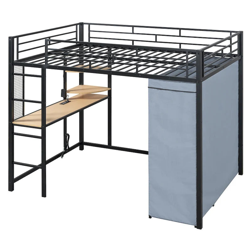 Lit mezzanine double en métal avec bureau, étagères, prise de courant, éclairage LED et armoire