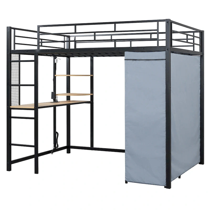 Lit mezzanine double en métal avec bureau, étagères, prise de courant, éclairage LED et armoire