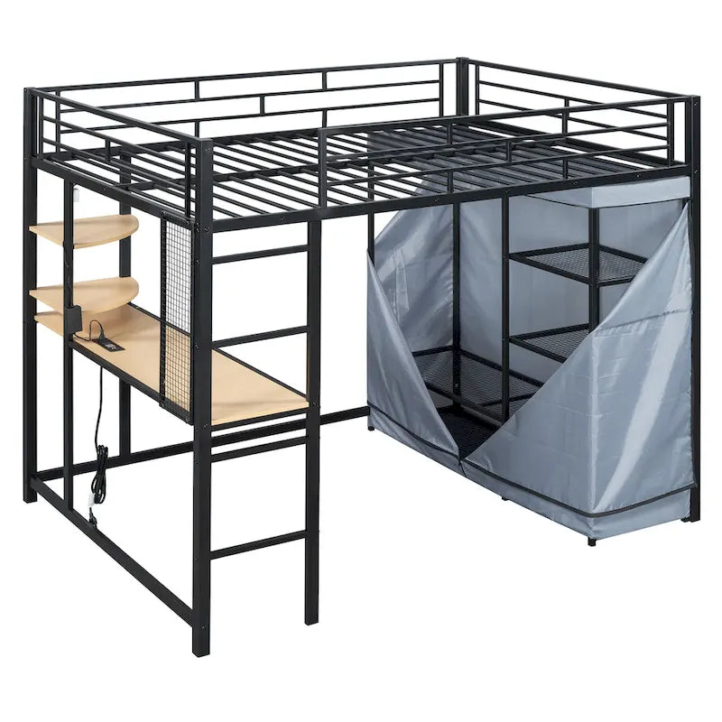Lit mezzanine double en métal avec bureau, étagères, prise de courant, éclairage LED et armoire