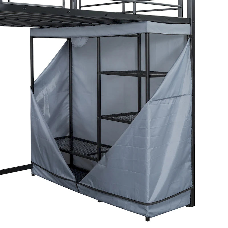 Lit mezzanine double en métal avec bureau, étagères, prise de courant, éclairage LED et armoire