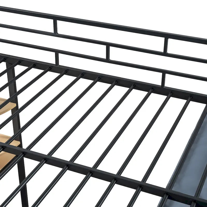Lit mezzanine double en métal avec bureau, étagères, prise de courant, éclairage LED et armoire