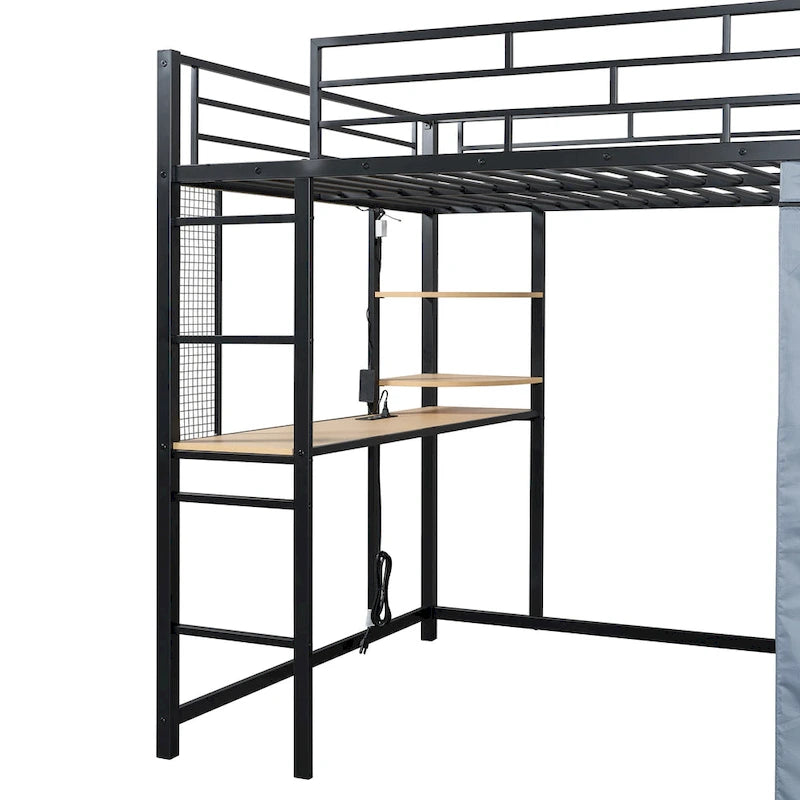 Lit mezzanine double en métal avec bureau, étagères, prise de courant, éclairage LED et armoire