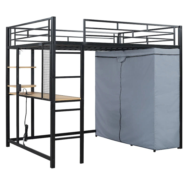 Lit mezzanine double en métal avec bureau, étagères, prise de courant, éclairage LED et armoire