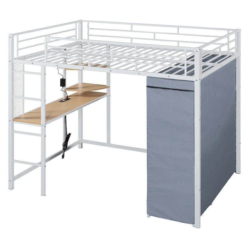 Lit mezzanine double en métal avec bureau, étagères, prise de courant, éclairage LED et armoire