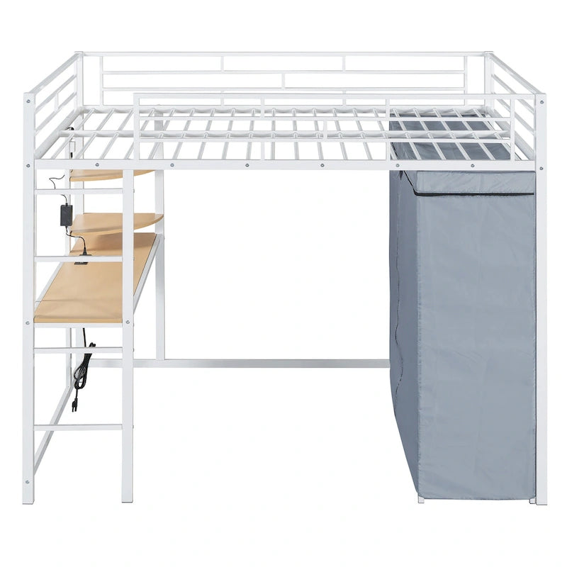 Lit mezzanine double en métal avec bureau, étagères, prise de courant, éclairage LED et armoire
