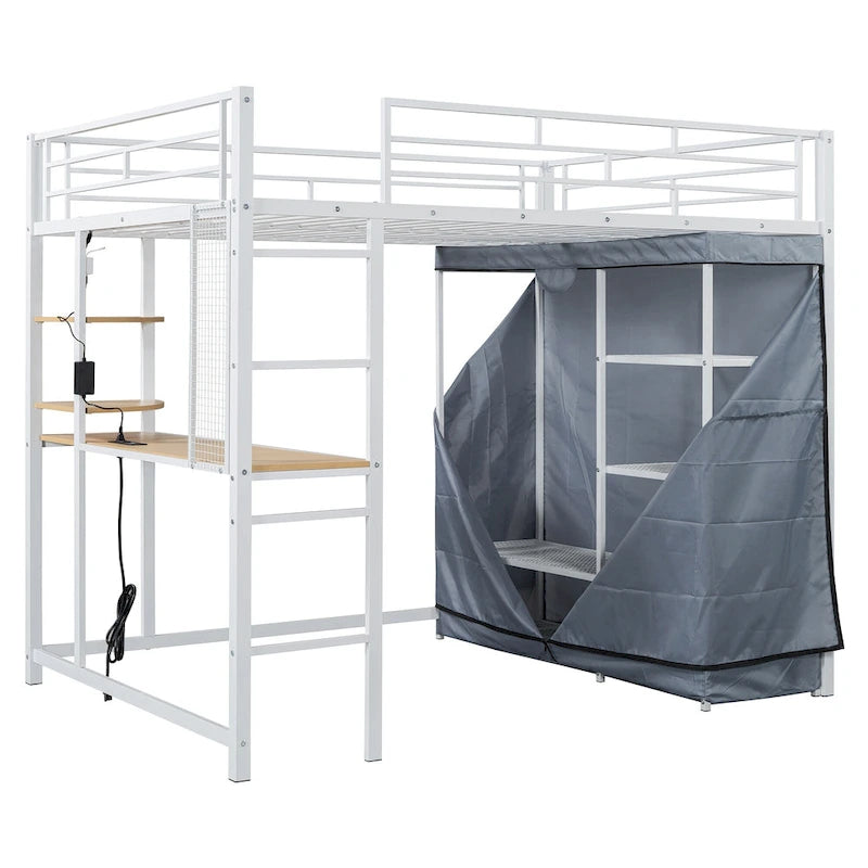Lit mezzanine double en métal avec bureau, étagères, prise de courant, éclairage LED et armoire