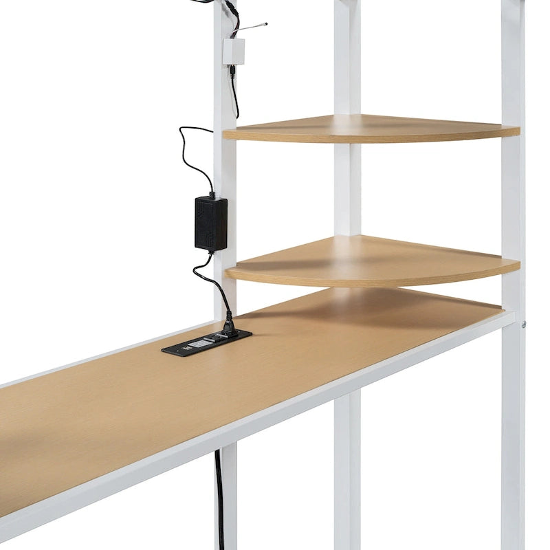 Lit mezzanine double en métal avec bureau, étagères, prise de courant, éclairage LED et armoire