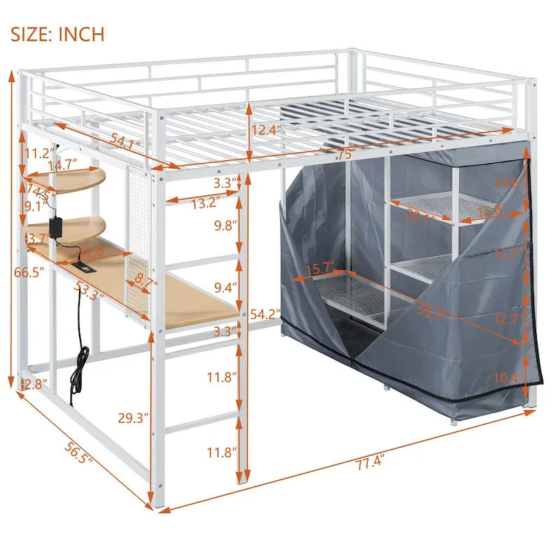 Lit mezzanine double en métal avec bureau, étagères, prise de courant, éclairage LED et armoire