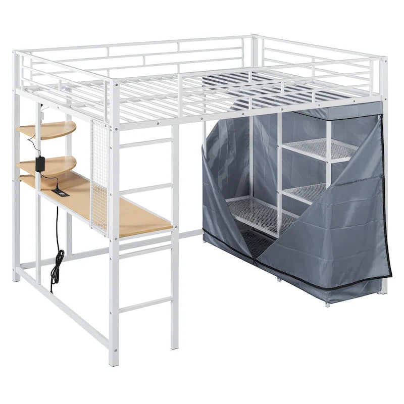 Lit mezzanine double en métal avec bureau, étagères, prise de courant, éclairage LED et armoire