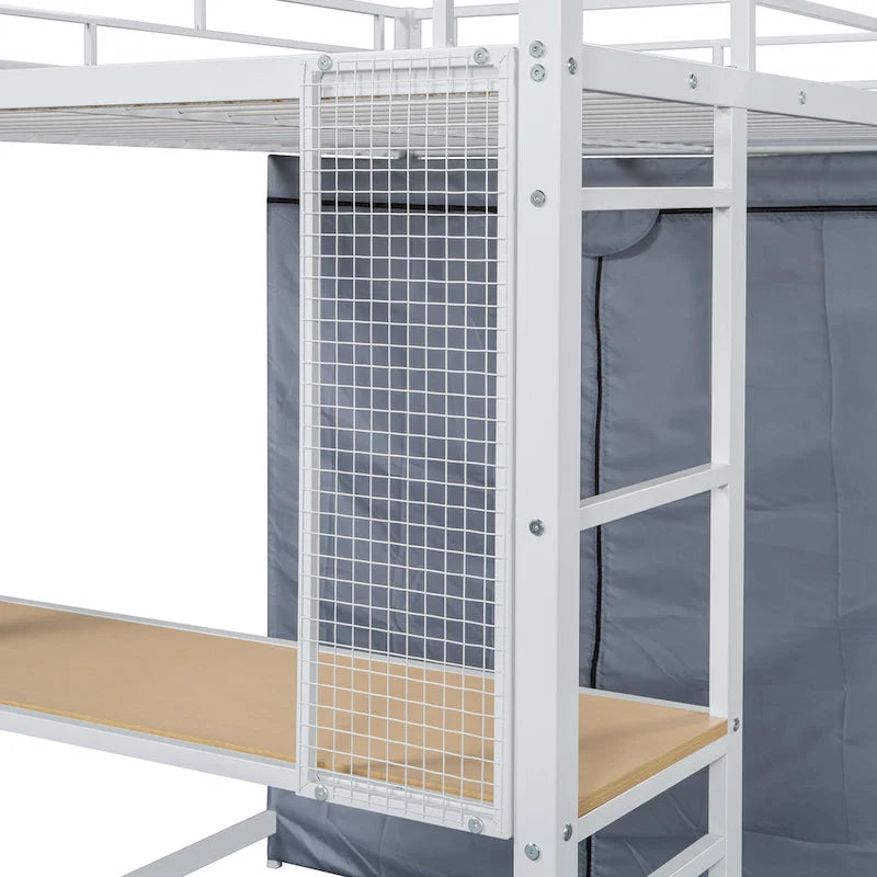 Lit mezzanine double en métal avec bureau, étagères, prise de courant, éclairage LED et armoire