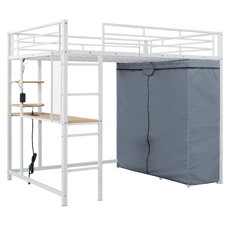Lit mezzanine double en métal avec bureau, étagères, prise de courant, éclairage LED et armoire