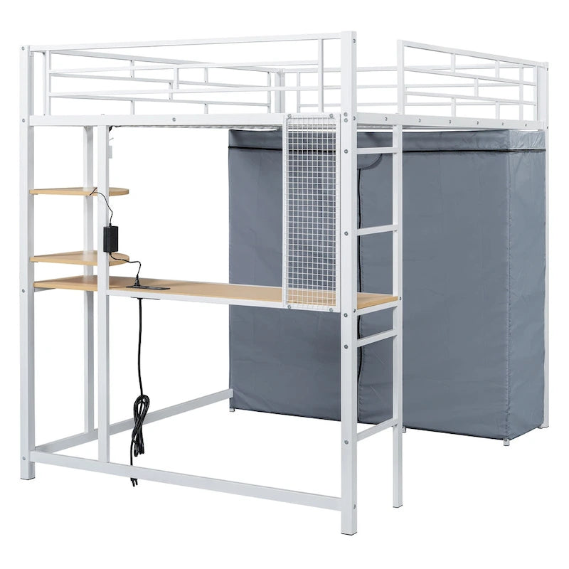 Lit mezzanine double en métal avec bureau, étagères, prise de courant, éclairage LED et armoire