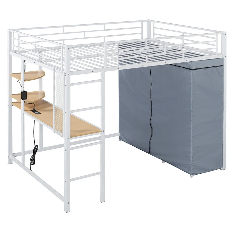 Lit mezzanine double en métal avec bureau, étagères, prise de courant, éclairage LED et armoire