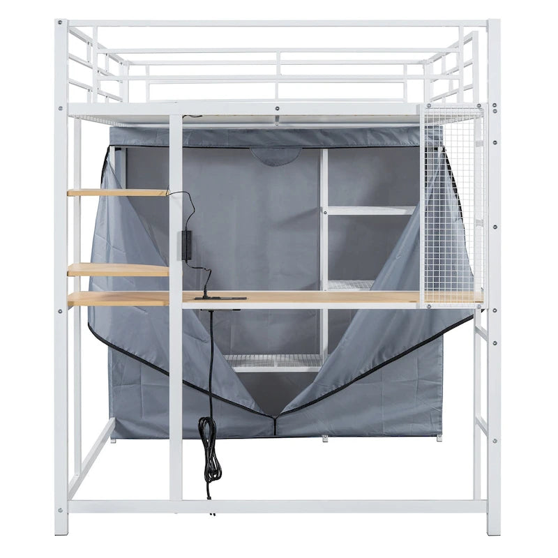 Lit mezzanine double en métal avec bureau, étagères, prise de courant, éclairage LED et armoire
