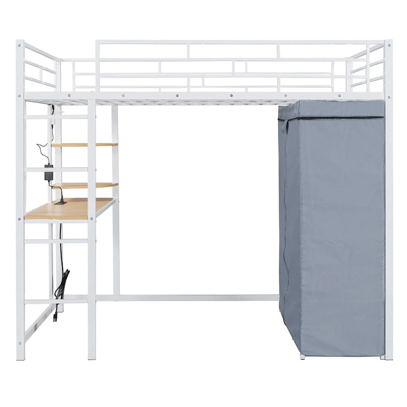 Lit mezzanine double en métal avec bureau, étagères, prise de courant, éclairage LED et armoire