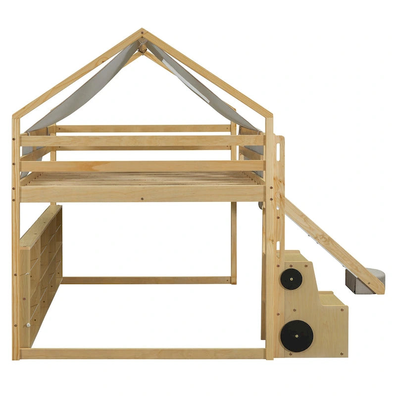 Lit cabane mezzanine en bois, pleine grandeur, avec une tente