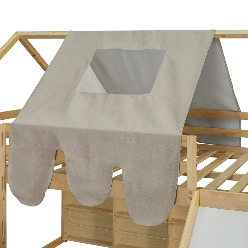 Lit cabane mezzanine en bois, pleine grandeur, avec une tente