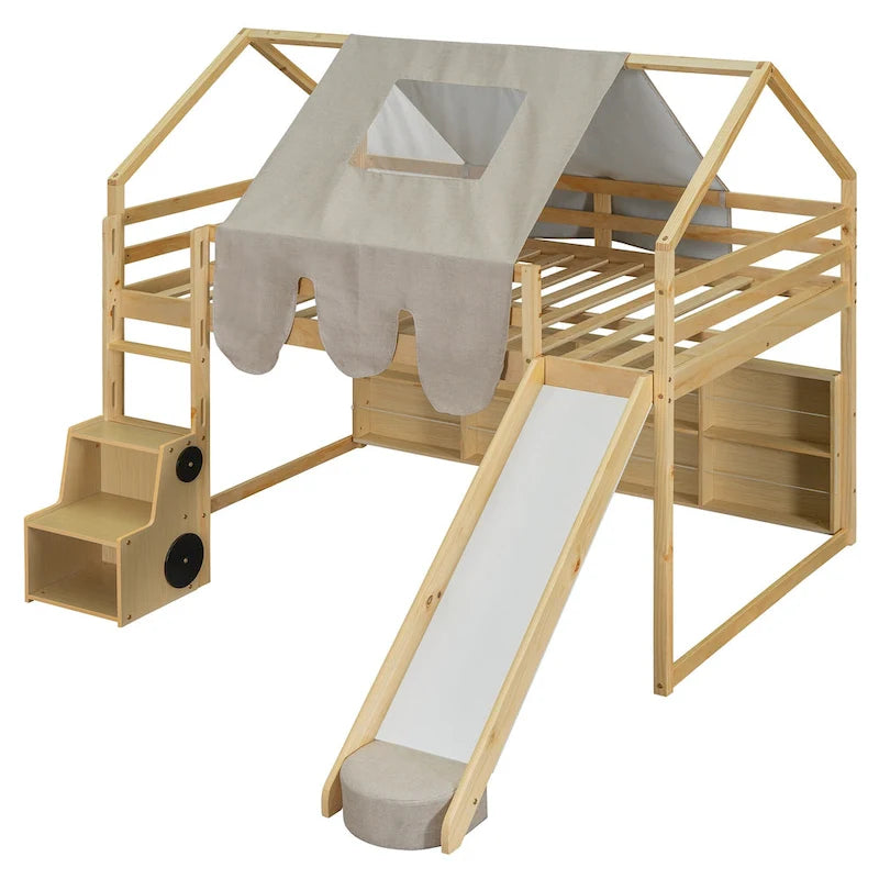 Lit cabane mezzanine en bois, pleine grandeur, avec une tente