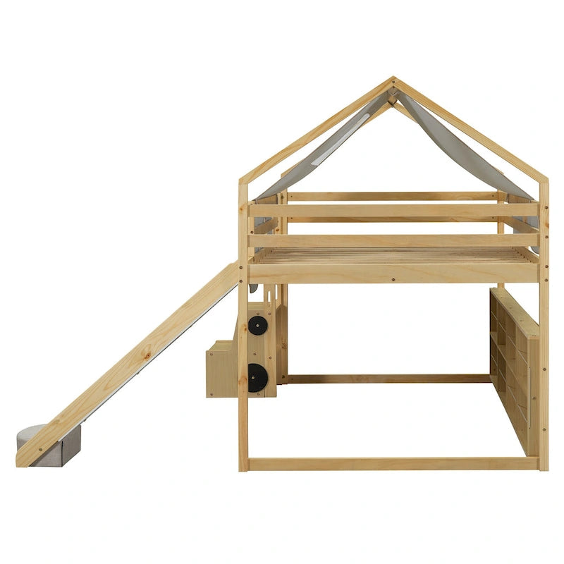 Lit cabane mezzanine en bois, pleine grandeur, avec une tente