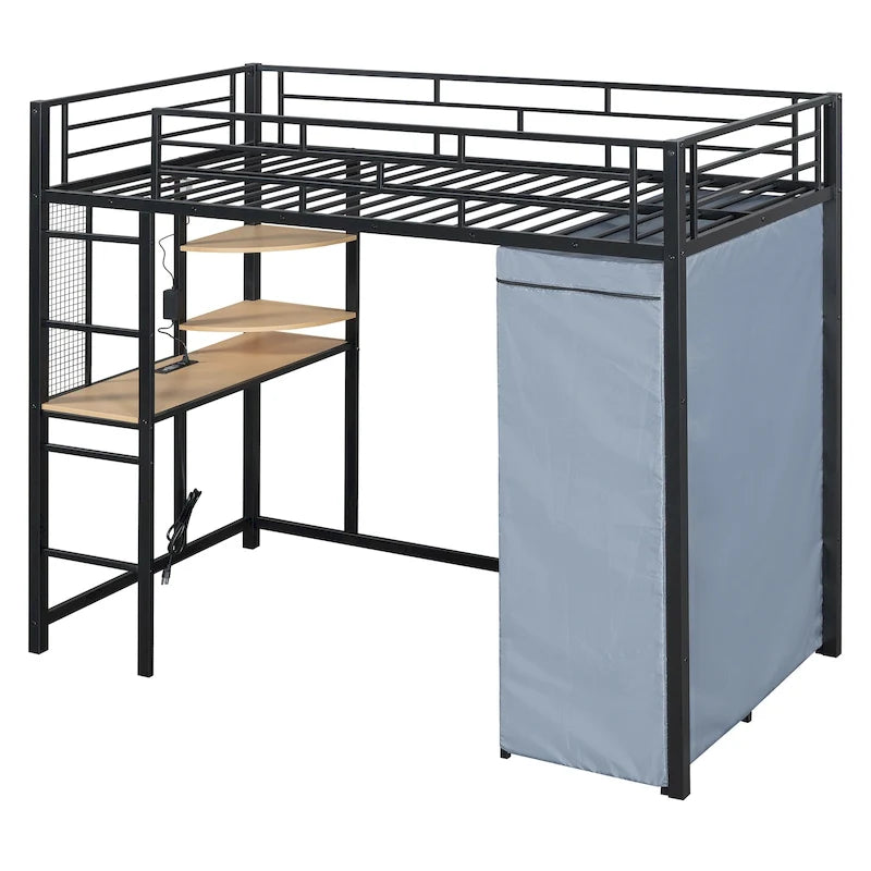 Lit mezzanine simple en métal avec bureau, étagères, prise de courant, lumière LED et armoire
