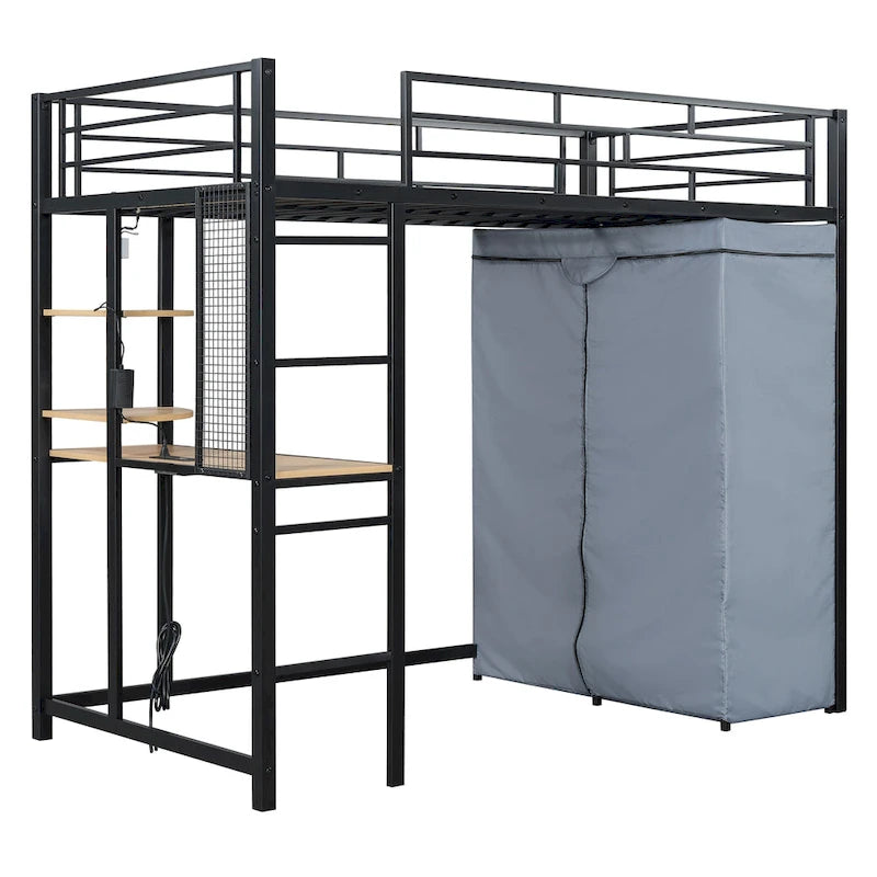Lit mezzanine simple en métal avec bureau, étagères, prise de courant, lumière LED et armoire