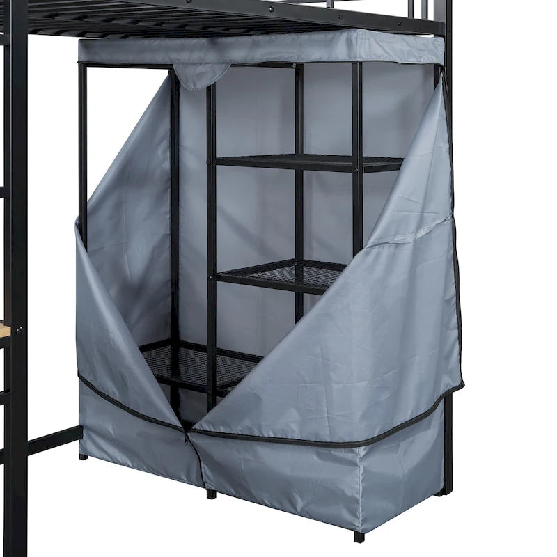 Lit mezzanine simple en métal avec bureau, étagères, prise de courant, lumière LED et armoire